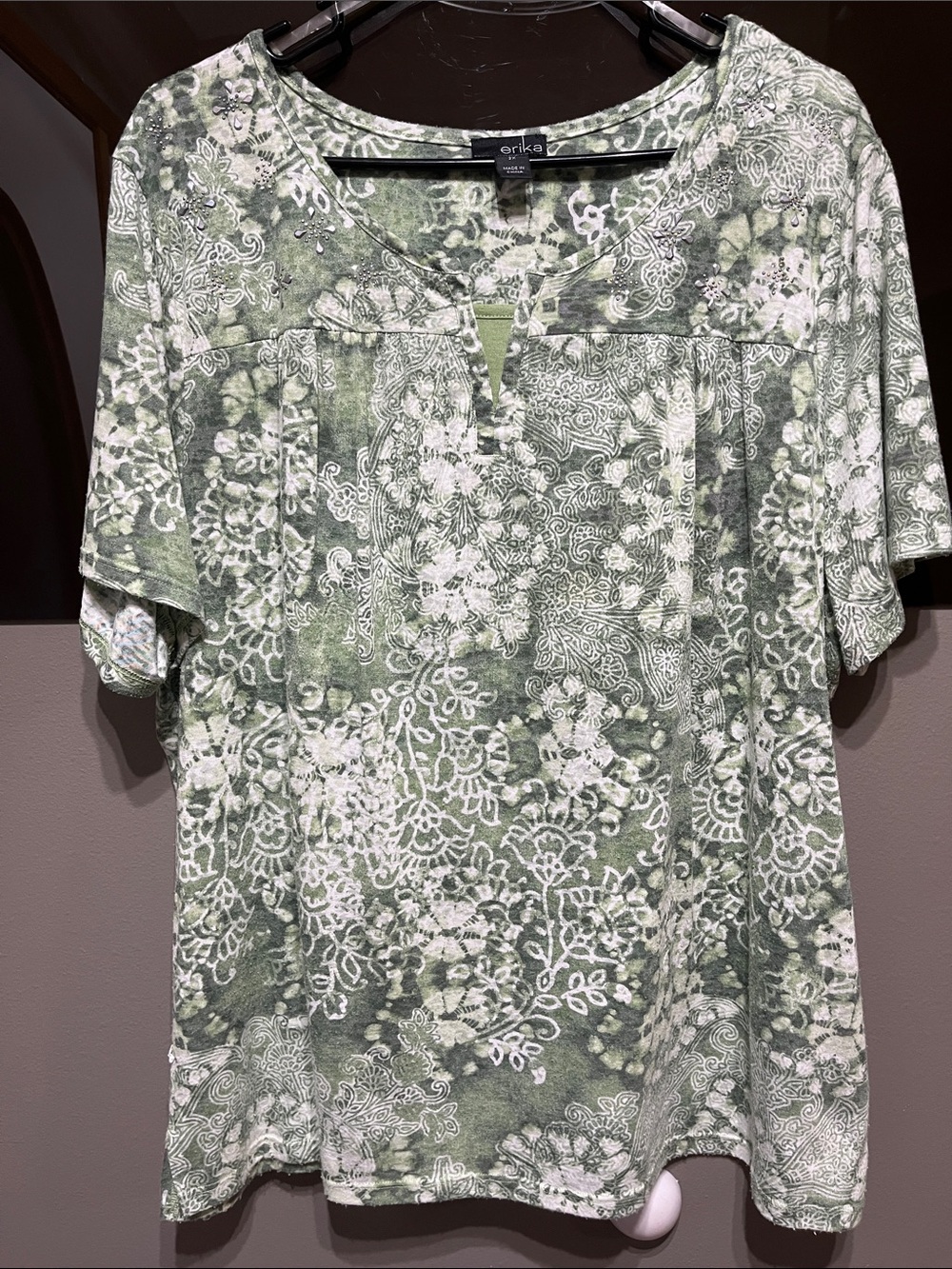 Erika Olive Green and White Floral Lace-Print Blouse